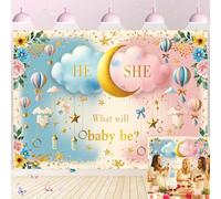 Telón de fondo de revelación de género con texto en inglés "He or She What Will Baby Be", nubes azules y rosadas, fondo de fotografía de estrellas, fondo de fotografía para recién nacidos, baby shower