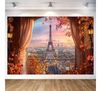 Telón de fondo de Torre Eiffel de otoño de 5 x 3 pies, escena de puesta de sol, fondo de fotografía de monumento de Francia, fondo de fotografía de otoño parisino, hojas de arce, decoración para