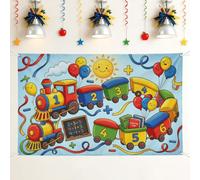 Telón de fondo de tren, divertido y colorido con bolas de aire, celebración del sol, fondo azul para cabina de fotos, fotografía, fiesta, decoración de eventos, 71 x 43 pulgadas