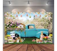 Telón de fondo de vinilo para fotografía de camión vintage de Pascua con conejo, huevos y flores de primavera, fondo de fotos de jardín de granja para retrato, bebé, pastel aplastado, estudio