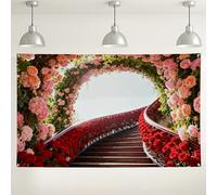 Telón de fondo floral para escaleras, elegantes decoraciones de melocotón y flores rojas, fondo romántico para fotografía de interior/exterior para bodas, celebraciones de primavera, 71 x 43 pulgadas