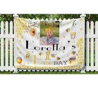 Telón de fondo grande personalizado para el primer cumpleaños de niñas para niños y niñas, decoración de fiesta de feliz día de la abeja, personalizable con nombre, edad, foto 2, 3, 4, 5 (día de la