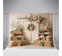 Telón de Fondo Kate Spring para fotografía de Pascua 8x8ft/2.5x2.5m Estilo rústico con Puerta de Granero Huevos de Pascua pajares y Flores Rosas Ideal para Fotos de cumpleaños Infantiles.