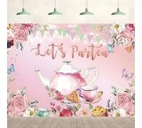 Telón de fondo Let's Partea de 7 x 5 pies para fiesta de té, tetera, postre, flores rosas, fondo de cumpleaños, baby shower, niñas, mujeres, suministros de fiesta, pancarta para colgar en la pared,