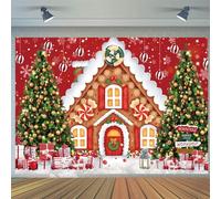 Telón de Fondo Navidad 2.1x1.5m - Rojo Xmas Pan de Jengibre Casa de Caramelo, Regalo Apilados, Árbol de Navidad - Fondo Fotografía Familia Niños Invierno Vacaciones Año Nuevo Fiesta Decoraciones