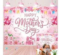 Telón de fondo para el día de la madre con texto en inglés "Happy Mother's Day" con forma de corazón rosa con purpurina, fondo de fotografía para niñas, mujeres, I Love Mom, decoración de fiesta de