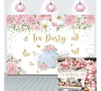Telón de fondo para fiesta de té, rosa, floral, dorado, mariposa, tetera Let's Partea, fondo primavera, niña, princesa, país de las maravillas, decoración de mesa, suministros de 7 x 5 pies