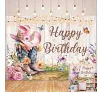 Telón de fondo para fotografía de vaquera occidental con texto en inglés "Happy Birthday" para fotografía, sombrero de vaquera, botas, fondo de mariposa floral, pancarta para decoración de fiesta de