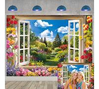 Telón de fondo para fotografía de ventana de primavera, jardín, naturaleza, paisaje para boda, baby shower, fiesta de cumpleaños, fondo floral para fotos (7 x 5 pies (82 x 59 pulgadas)