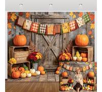 Telón de fondo para puerta de granero de madera rústica de 3 x 2.4 m, diseño de calabaza, hojas de arce, fotografía para el día de Acción de Gracias, cumpleaños, baby shower, retrato, cabina de fotos