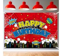 Telón de Fondo Rojo Araña Cumpleaños, 150x100cm Poliéster Gran Telaraña Feliz Cumpleaños Banner Telón de Fondo Ideal para Fiestas Temáticas Niños Niñas y como Accesorio Fotomatón