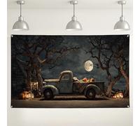 Telón de fondo vintage de otoño de camión, decoraciones rústicas de cosecha de otoño, linternas de calabaza, escena iluminada por la luna para suministros de fiesta de fotografía, 71 x 43 pulgadas