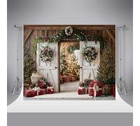 Telones de Fondo para fotografía de Kate Christmas Barn Door 7x5ft/2.2x1.5m árboles de Navidad Corona de nueces Pared de Madera marrón Retrato Familiar para niños.