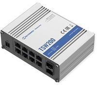 Teltonika TSW200000010 Interruptor POE+ industrial no administrado, 8 puertos PoE, 8 puertos Ethernet, carcasa de aluminio resistente, 2 puertos SFP para fibra óptica de largo alcance, ancho de banda de 20 Gbps sin bloqueo, IP30