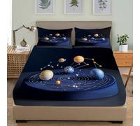 Tema del Planeta 3D Sábana Bajera 135x190x30cm Ajustable Bolsillo Extra Profundo 30cm - Azul Microfibra Cepillada Sábana Bajera Transpirable, Antiarrugas, Cómoda Y Suave