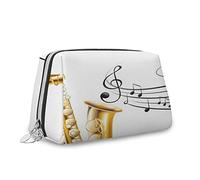 Tema musical, bolsa de maquillaje, bolsa de cosméticos, saxofón antiguo con notas musicales, organizador de cuero, bolsa de maquillaje reutilizable, amarillo, negro y blanco, M, Amarillo Negro