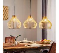 TEMAR LIGHTING Lámpara colgante Barrel con pantallas de madera, 3 luces, larga