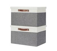 Temary Contenedores de almacenamiento plegables con tapa, paquete de 2 cestas de almacenamiento con tapa, contenedores organizadores decorativos con asas (blanco y gris, 15 x 11 x 9.5 pulgadas)
