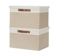 Temary Contenedores de almacenamiento plegables con tapas, paquete de 2, cestas de almacenamiento grandes con tapa, contenedor de almacenamiento de tela para organizar el hogar (blanco y caqui, 15 x