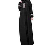Temeemeg Muslim Dress Plain Loose Prayer Robe Ramadan Jilbab Print Islamic Clothes for Women Black L..