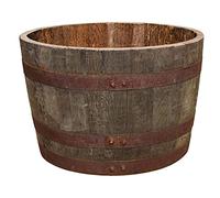 Temesso Maceta de Madera, Medio Barril macetero para jardín, Media barrica decoración - Medio Barril de Whisky - Madera Natural (con Orificios para el Drenaje del Agua)