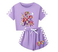 Temolie Conjunto de 2 piezas para niña The Amazing Digital Circus, camiseta de dibujos animados para niños y pantalones cortos a rayas para verano, informal, para yoga, ropa de calle, 5-13 años