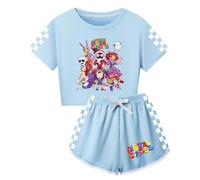 Temolie Conjunto de 2 piezas para niña The Amazing Digital Circus, camiseta de dibujos animados para niños y pantalones cortos a rayas para verano, informal, para yoga, ropa de calle, 5-13 años, cielo