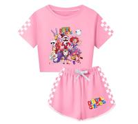 Temolie Conjunto de 2 piezas para niña The Amazing Digital Circus, camiseta de dibujos animados para niños y pantalones cortos a rayas para verano, informal, para yoga, ropa de calle, 5-13 años, Rosa