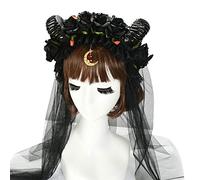TEMOOUES Diadema de Halloween para cosplay, cuerno de oveja, corona de flores de rosa negra, aro de pelo, velo de malla, colgante de luna, carnaval, fiesta, diadema con botones