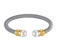 TEMOOUES Pulsera de cable de moda con perlas, tamaño ajustable, accesorio de acero inoxidable para eventos casuales y formales, galvanizado en dos tonos, talla única, como se describe