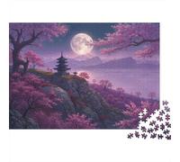 Templo de Sakura Iluminado por la Luna 1000 Piezas Papel Ecológico Paquete De Rompecabezas para Adultos Niños Divertido Y Desafiante Juego 52x38cm/1000pcs