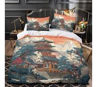 Templo japonés Funda de Edredón Cremallera Oculta 3 Piezas Microfibra Suave Estampado 3D con Fundas de Almohada Transpirable arquitectura tradicional Funda Edredon for jóvenes Single（140x200cm）