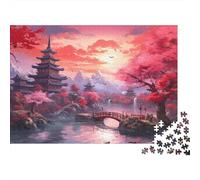 Templo Paisaje Anime Rompecabezas 1000 Piezas Adultos y Familia Bosque Atardecer Pinos Cielo Rojo Premium Grueso Resistente Vibrante Desafiante 52x38cm/1000pcs