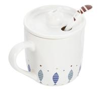 TEMPNAP Taza Multiusos de Cerámica con Diseño de Gato y Pez, Incluye Tapa y Cuchara, Base Plana y Brillo Firme, Adecuado para Café y Bebidas Diarias