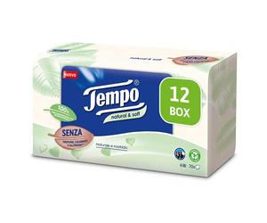 Tempo Tempo - Paquetes de pañuelos de papel natural y suave, 4 capas, resistentes a la máquina, pañuelos suaves naturales, sin fragancias, tintes ni alérgenos, 12 paquetes de 70 pañuelos desechables