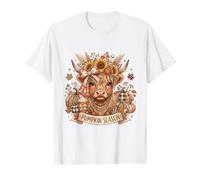 Temporada de Calabaza Highland Cow Boho Otoño Café Camiseta gráfica económica, Hombre, Blanco, S