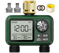 Temporizador de agua con 2 salidas con entrada de latón, manguera de aspersor programable, temporizador impermeable, temporizadores automáticos con retardo de lluvia/riego manual/pantalla LCD grande