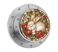 Temporizadores de Cocina con diseño de Conejito durmiendo en vidrieras y Flores Rojas. Reloj Temporizador de Cocina para Chefs con Alarma Potente. No Requiere Pilas. Temporizador de Escritorio mecán