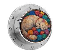 Temporizadores de Cocina con Forma de Gato durmiendo en vidrieras, ovillos de Lana, Temporizador de Cocina para Chefs con Alarma Potente, no Requiere Pilas, Temporizador de Escritorio mecánico con r