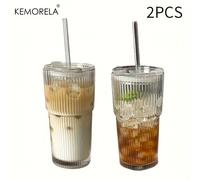 TEMU 1 /2 unidades KEMORELA Vaso de vidrio acanalado de 20 oz con y de vidrio | Resistente, reutilizable, lavable a máquina, para café helado, batidos, cócteles, jugos para el hogar, , viajes