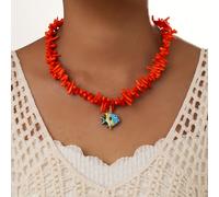TEMU 1 Collar de Cuentas de Coral con Colgante de Pez de Cerámica Colorida, Collar Unisex Ideal para Uso Diario y Fiestas