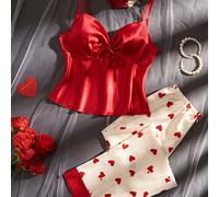 TEMU 1 conjunto de pijama de mujer para de San Valentín, 90% poliéster 10% elastano, pantalones largos de con top de camisola de satén, temporada /, ropa de