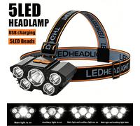 TEMU 1 de frontal recargable de 5 LED, carga rápida USB, luz de trabajo , 3 , adecuada para caminar, pescar, actividades al aire libre, situaciones de emergencia, de protección IP44