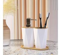 TEMU 1 Juego de 3 piezas de accesorios de baño, Juego de accesorios de baño de plástico, bandeja de tocador, dispensador de jabón, soporte para cepillos de dientes con , Decoración de baño bohemio