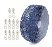 TEMU 1 Juego de Cremallera de 4.5 Metros o con 10 Tiradores, Cremallera de Nailon Número 5, Color Dorado o Plateado, Estampado Floral Azul, Adecuado para Maletas y Bolsas de Almacenamiento Doméstico