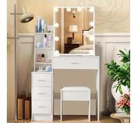 TEMU 1 Juego de Tocadizo Moderno con y Taburete, Espejo LED RGB- (/Frío/Luz Diurna), Mesa para Maquillaje con Estantes Almacenamiento, Cajones & Banqueta Para Habitación, Toallero Fácil Montaje