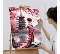 TEMU 1 Kit de Pintura DIY para Principiantes Adultos - Pinturas Acrílicas, , 3 Pinceles y Manual de Instrucciones: Mujer en Kimono junto a un Lago con de Pagoda y , 40x50 cm/15.7x20 pulgadas, Sin