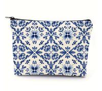 TEMU 1-Pack Bolsa de Maquillaje con Estilo de Azulejo Portugués Tradicional, Diseño Geométrico de Cuadrícula Floral, Estuche de Viaje para Cepillo de Dientes, Organizador de Cosméticos y Clutch