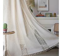 TEMU 1 Panel Boho Decoración de Hueco Patchwork Cortina Semi-Opaca, Cortina de Granja Americana Adecuada para Dormitorio Ventana de Comedor o Cocina Bar Bolsillo Hueco Encaje Grande Lino Beige con