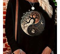 TEMU 1 pc Camiseta de larga casual para mujeres con estampado de Tai Chi Yin Yang Sol Luna, y elástico jersey de poliéster para todas
